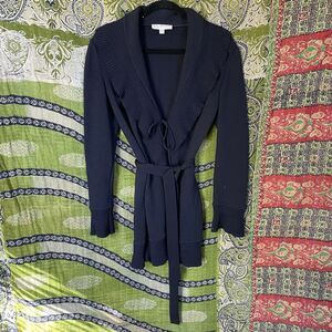 St. John Collection Wool Blend Santana Knit Black Long Ruffled Cardigan Size 4